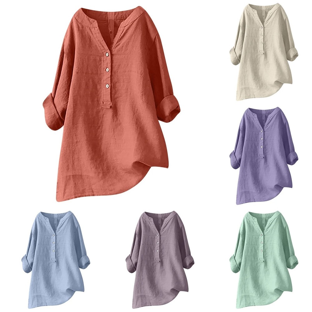Women Cotton Linen Shirt Plus Size V-Neck Long Sleeve Casual Breathable Blouse=M