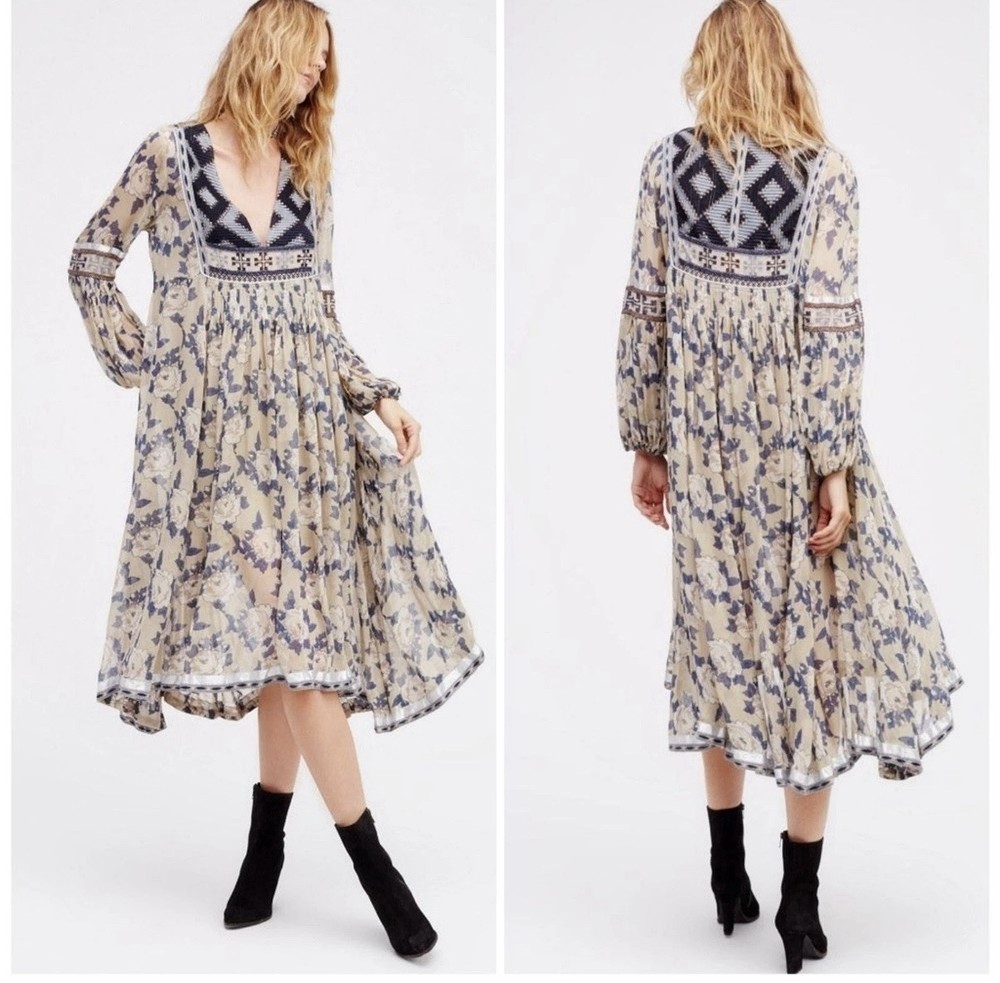 Free People Boho Bold Blooms Embroidered Metallic Hem Maxi Dress XS S Coachella