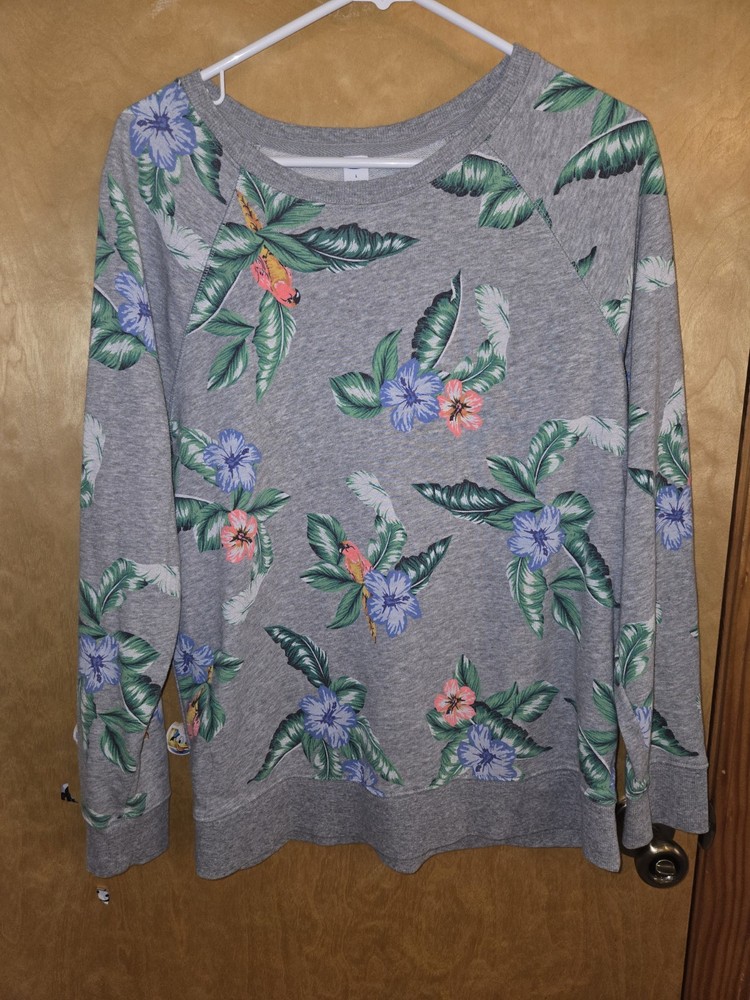 Old Navy Gray Long Sleeve Women Tropical Flower Birds Vacation Women's Shirt