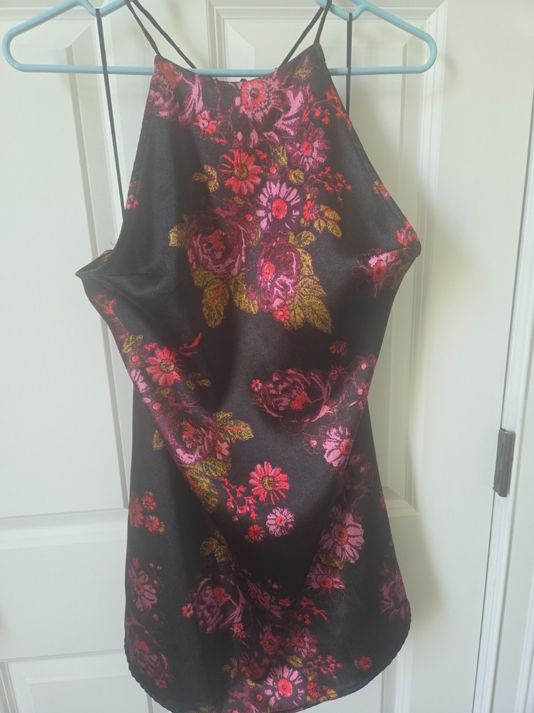 Free People Intimately High Neck Tie Black Satin Floral Mini Dress Size M EUC