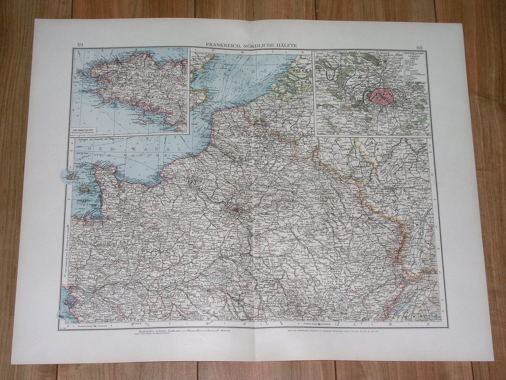 1896 Antique Original Map Of Northern France / Paris Inset Map