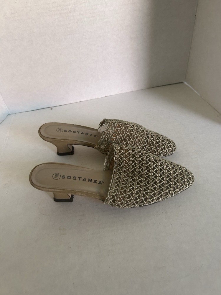 Vintage Sostanza Women's Tan Fabric Slip On Mule Mid Heel Shoes Sz 7 1/2 NWNB