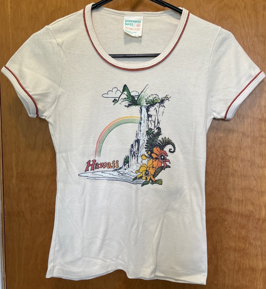 VTG 70s 80s Hawaii Graphic Ringer Tee Permanent Press Medium Waterfall Rainbow