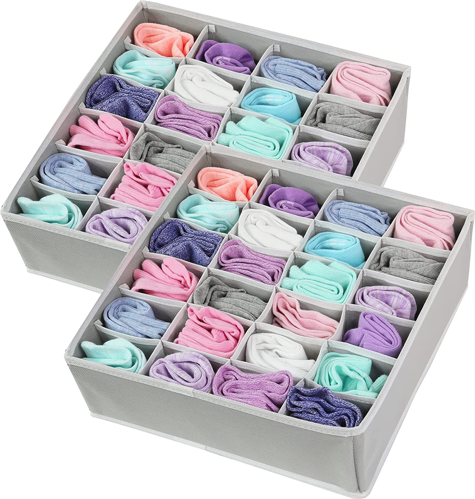 2 Pack Closet Socks Organizer, 24 Cell Drawer Divider, Grey
