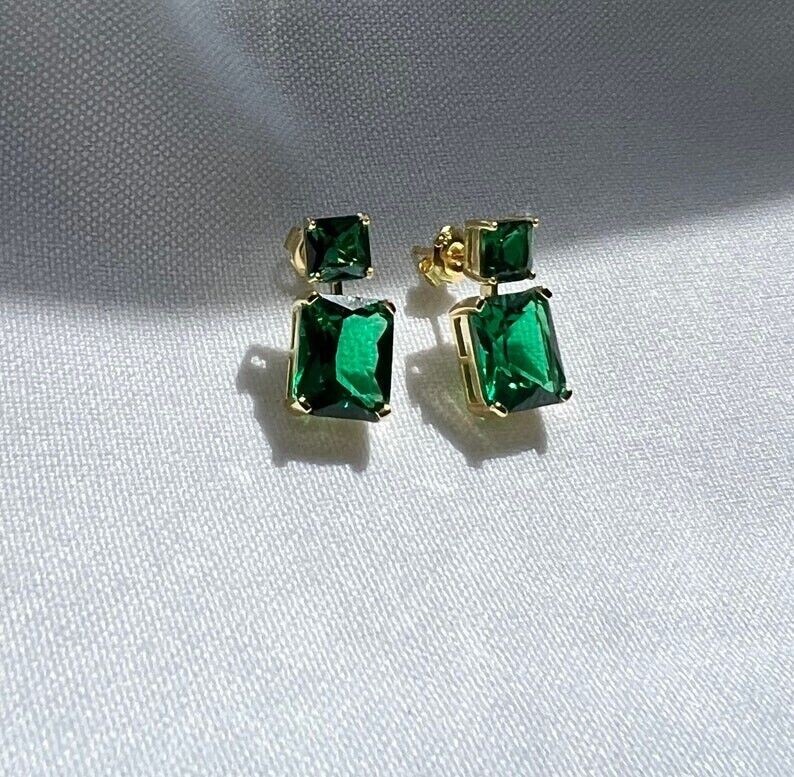2Ct Emerald Cut Green Simulated Drop Earrings in 14K Yellow Gold Plated