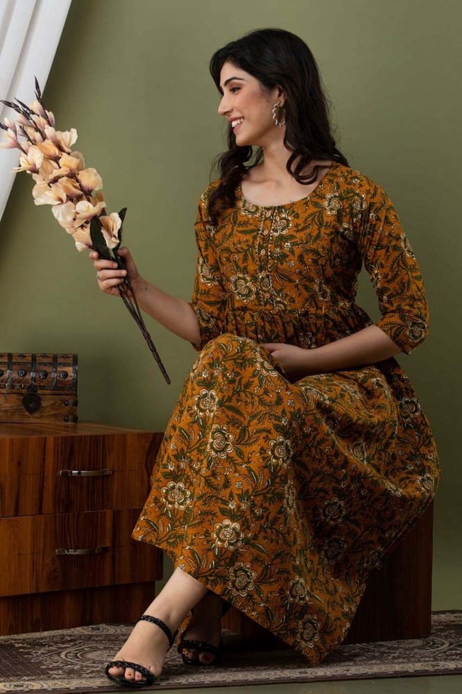 BROWN COLOR COTTON BLOCK Print Maternity Gowns Maxi comfortable casual wear dres