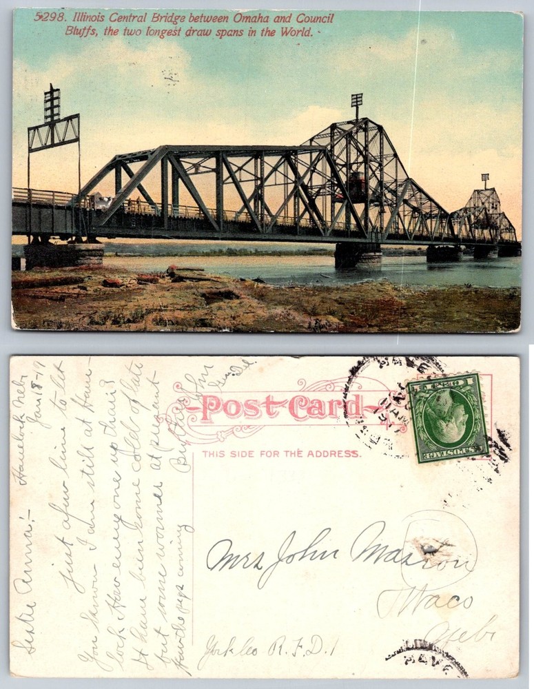 1919 Omaha Council Bluffs Illinois Central Bridge Longest Draw Spans Postcard