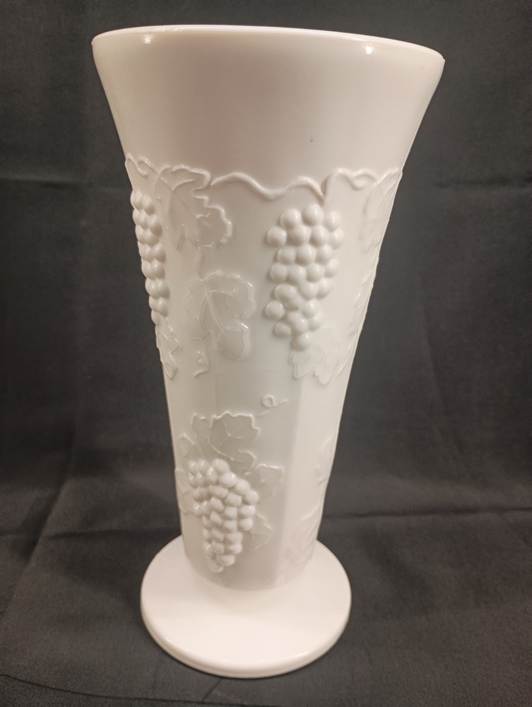 Vintage Milk Glass Vase with Grape Vine Design on Pedestal Base 7.75 Inches Tall
