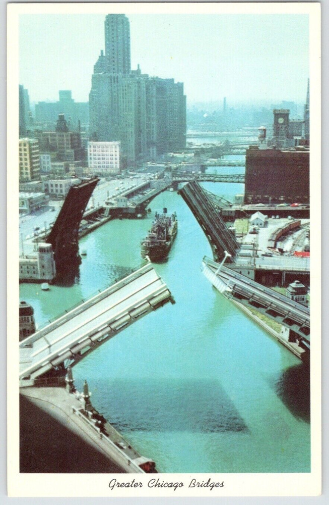 IL Chicago Bridges on Chicago River Old Fort Dearborn Curt Teich Postcard