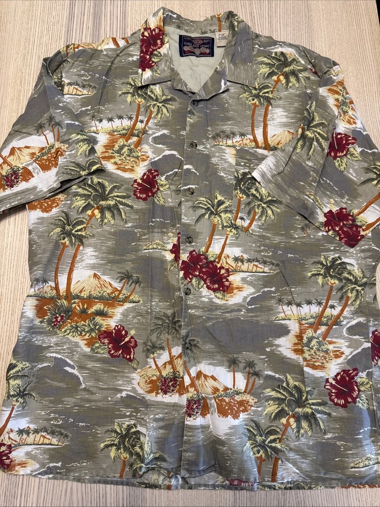 Garland Sport Mens L Hawaiian Shirt Volcano Palm Tree Tropical Hibiscus Floral