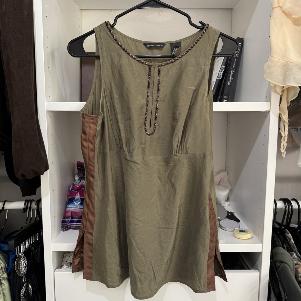 Vtg Y2K New York & Co Babydoll Silk Cotton Tunic Blouse V Neck Green Beaded Sz 2