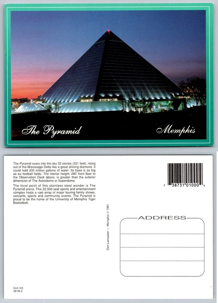 The Pyramid Memphis TN Postcard 1991 Sunset Illuminated Arena Landmark