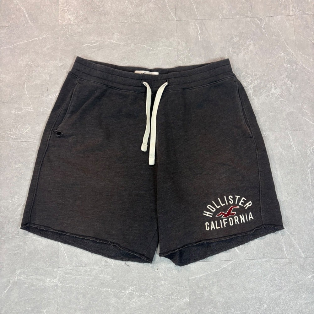 Hollister Mens Sweat Shorts Black Embroidered Logo Raw Hem Drawstring Size L