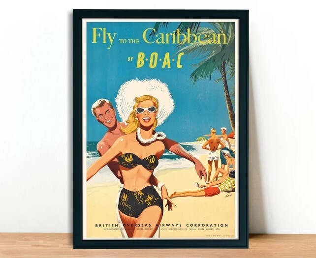 Fly to the Caribbean Vintage Style Travel Poster with Retro Design and Tropical Vibes