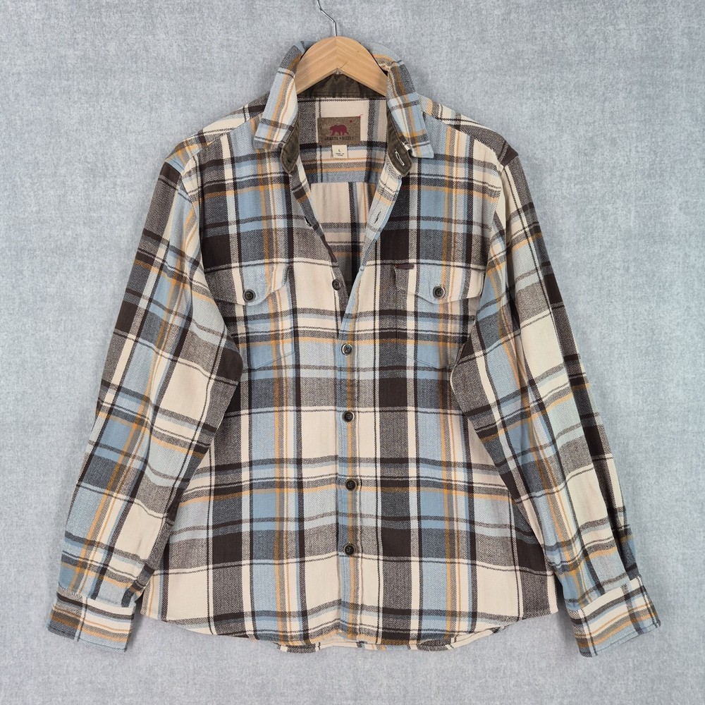 Dakota Grizzly Heavy Cotton Flannel Shirt Men Large Beige Blue Plaid Button Up