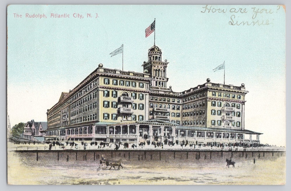 The Rudolph Hotel Atlantic City New Jersey Horses Flags 1907 Antique Postcard