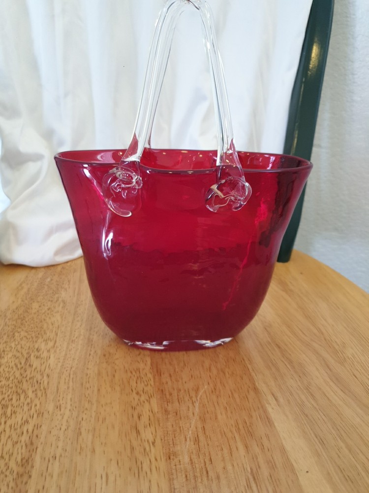 Hand Blown Art Glass Purse Handbag Lipstick Red Vase  Clear Handles