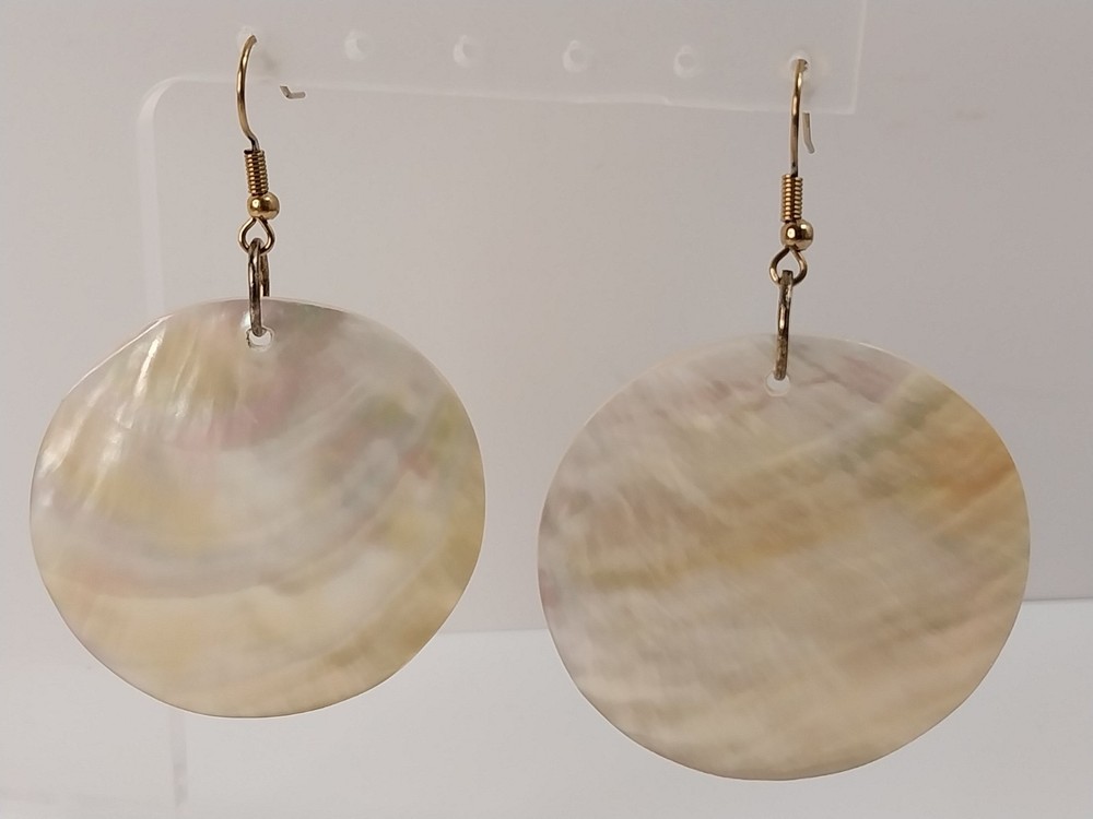 Vtg Mother of Pearl Shell Disk Dangle Earrings Large 2