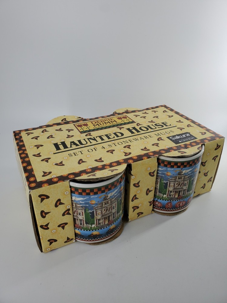 Set Of 4 Debbie Mumm Halloween Haunted House 12 oz Ceramic Mugs, Sakura, in box