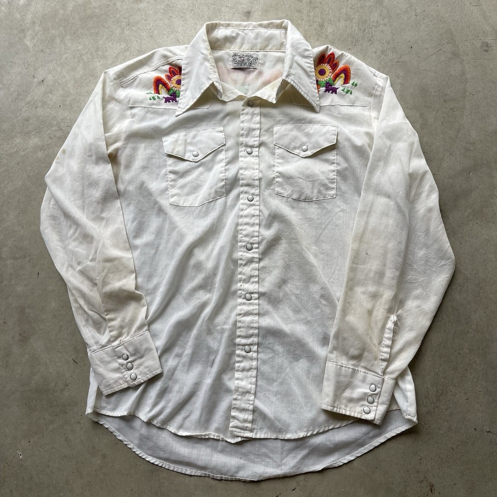 Vintge Triple LLL Brand Pearl Snap Western Shirt Mens Sz L Embroidered Floral