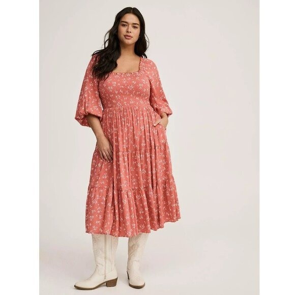Torrid Skater Midi Dress Size 2X Sailing Ditsy Floral Faded Rose Smocked Cottage