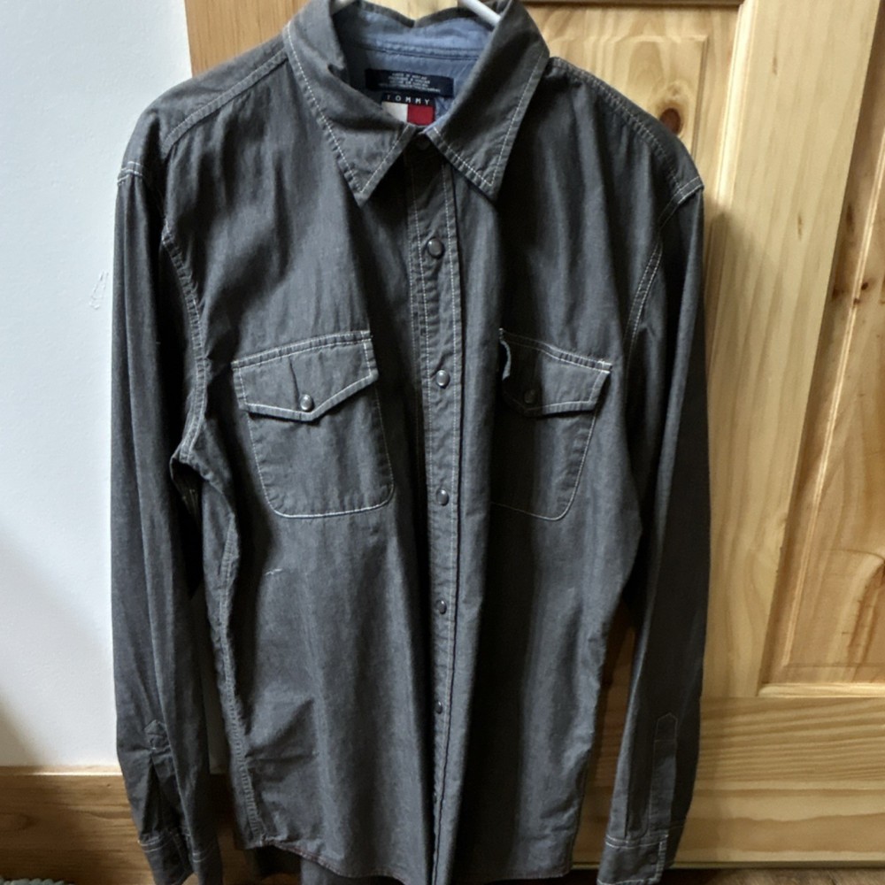 Tommy Jeans Men's L Gray Solid Denim Cotton Long Sleeve Button-Up Shirt Pockets