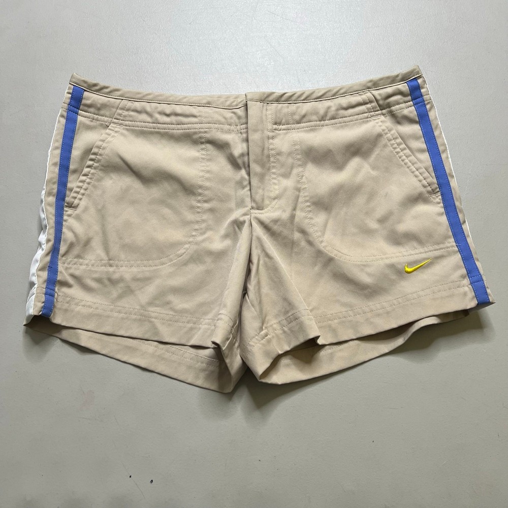 Nike Women’s Tan Athletic Shorts Blue & White Side Stripe Size M (8–10) Y2K