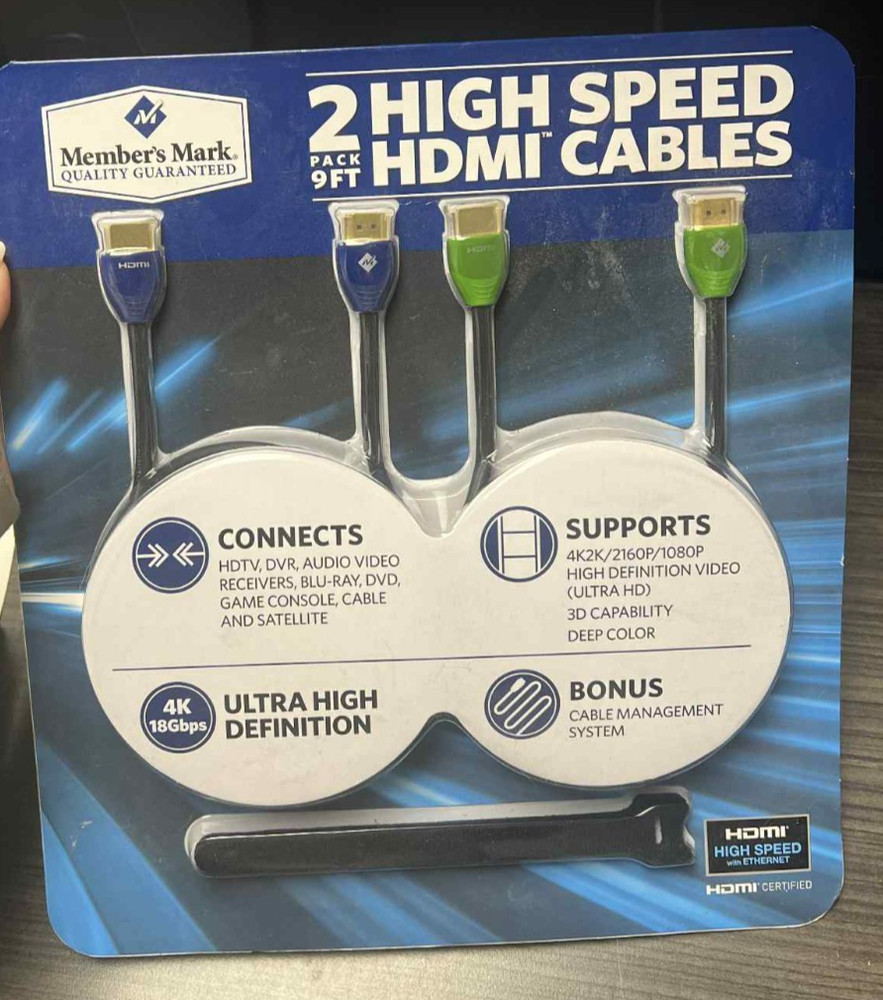 Member's Mark 2-Pk High Speed 9Ft HDMI Cables Ultra HD 24K Gold Plated Contacts