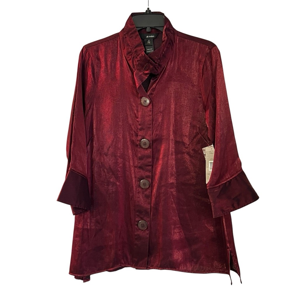 Ali Miles Wire Collar Button Front Tunic Women’s Med Deep Red Shimmer Celebrate
