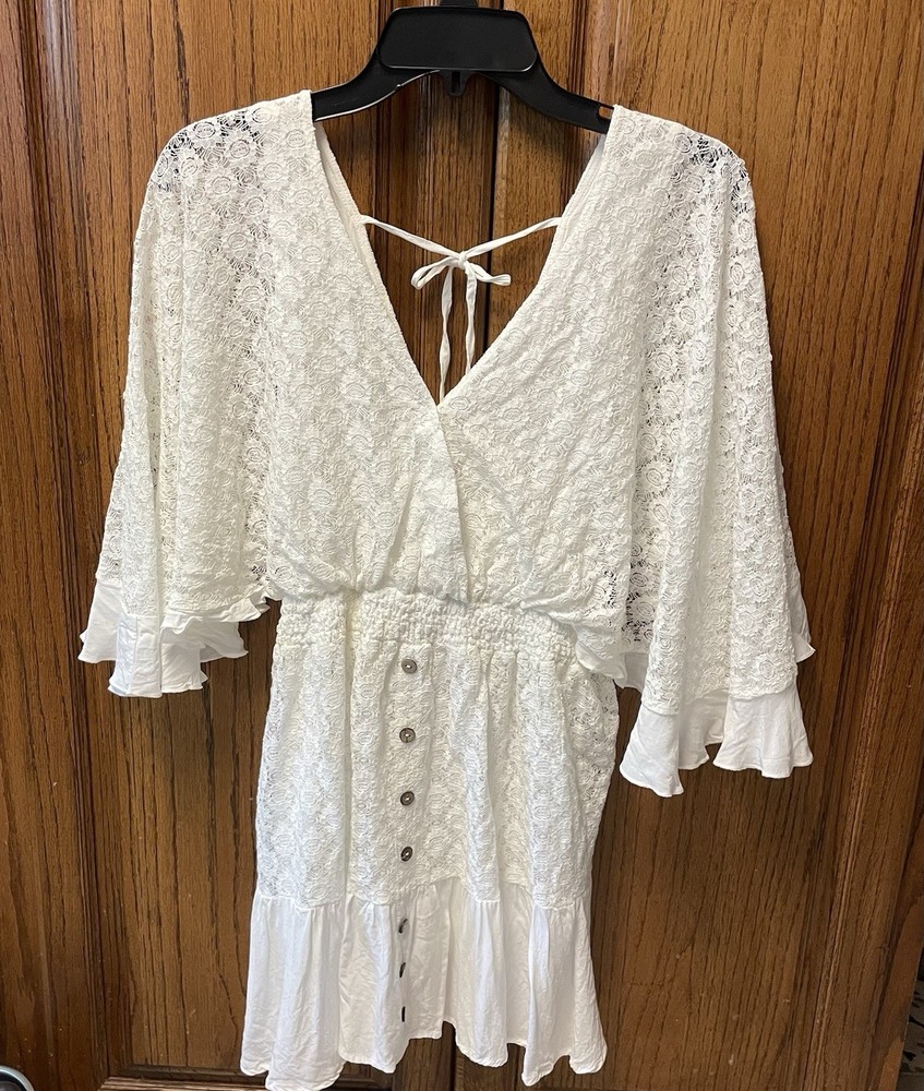 Super Cute Pink Lily Double V Romper Bell Sleeve White Sz L Lace Boho Soft Flowy