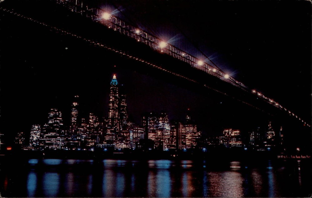 Brooklyn Bridge New York City NY at night ~ 1950s-60s vintage postcard