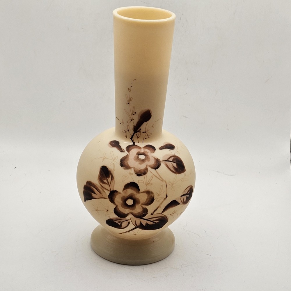 Satin Glass Vase Bohemian Hand Painted Floral Design Signed