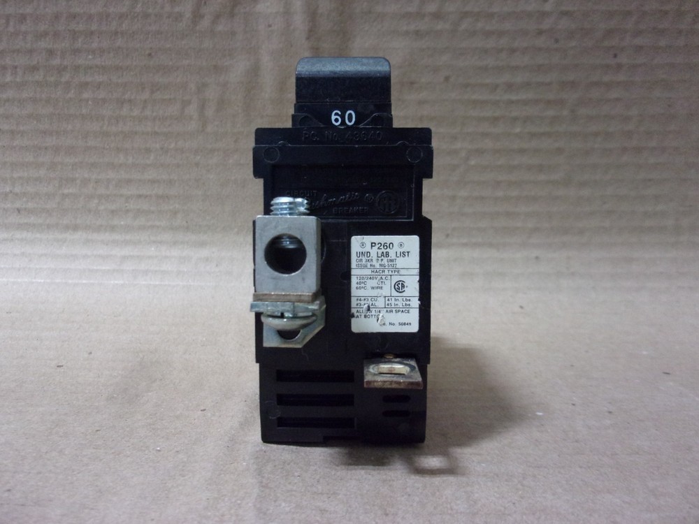 Pushmatic P260 2 Pole 60 Amp 120V NO SHIELD NO TABS Circuit Breaker 11260