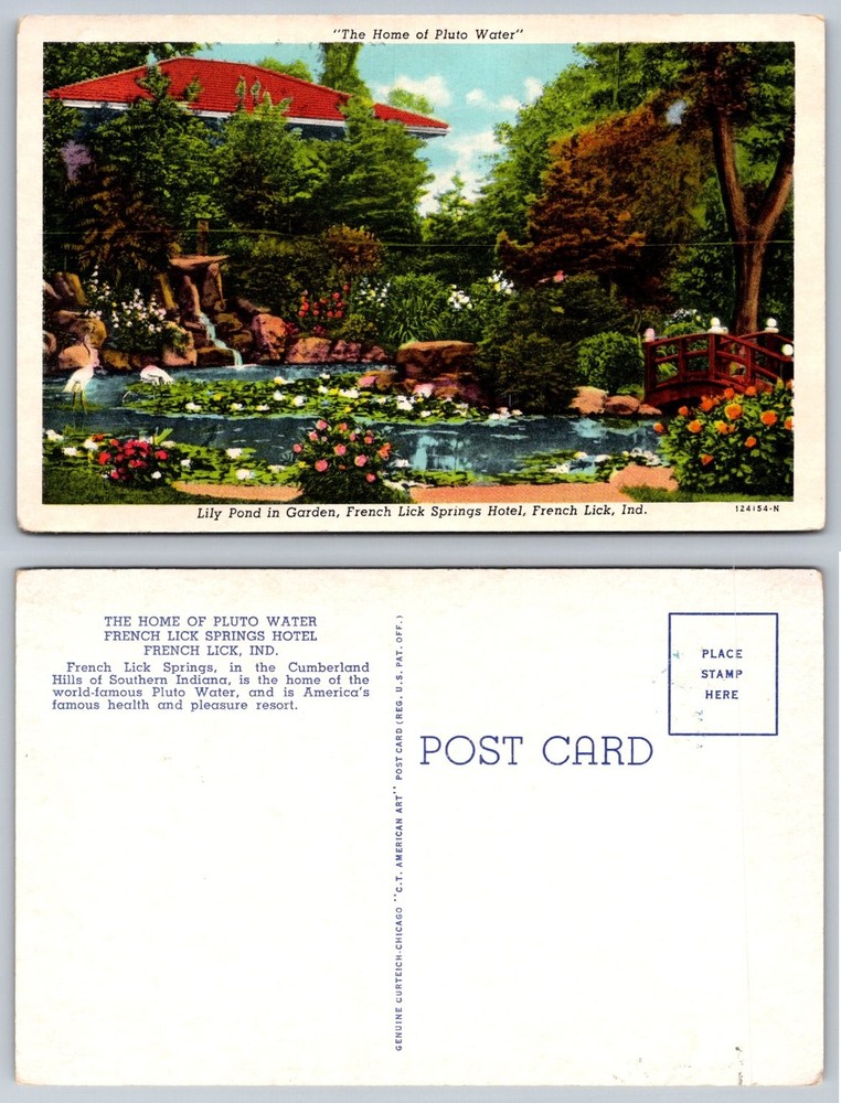 French Lick Springs Hotel Lily Pond Garden Pluto Water Postcard Indiana