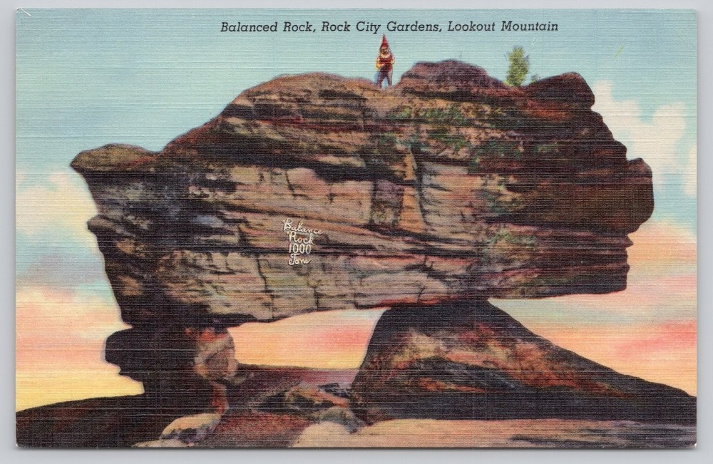 Balanced Rock Rock City Gardens Lookout Mountain GA Linen Postcard 1930s Unused