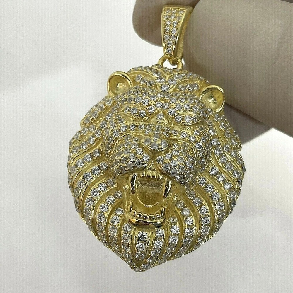 2.50Ct Lab Created Diamond Men's Lion Head Pendant 14K Yellow Gold Plated 16