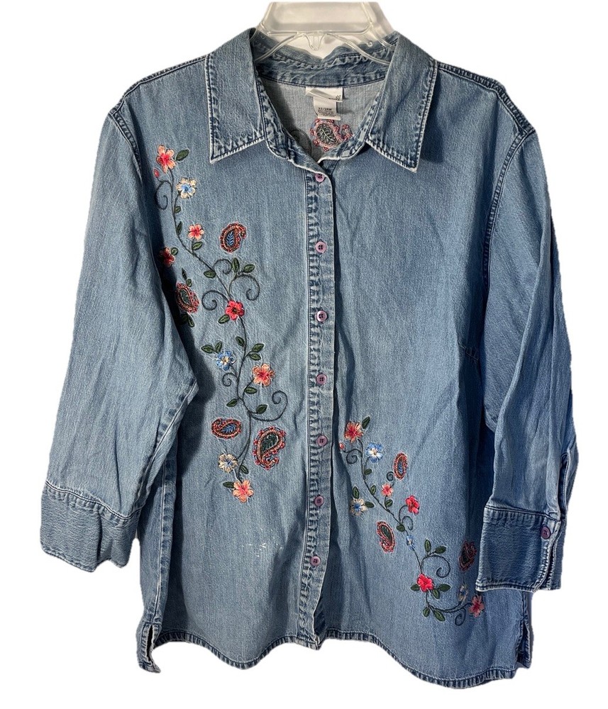 Fashion Bug Woman’s Med Blue Denim Shirt Sz 22/24 Embroidered 3/4 Sleeves Button