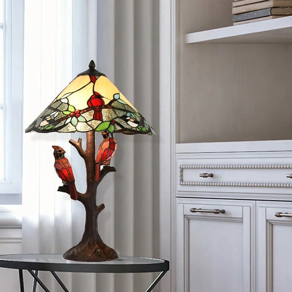 Cardinal Stained Glass Lamp Light Red Table Accent Bird Christmas Tiffany Style-image