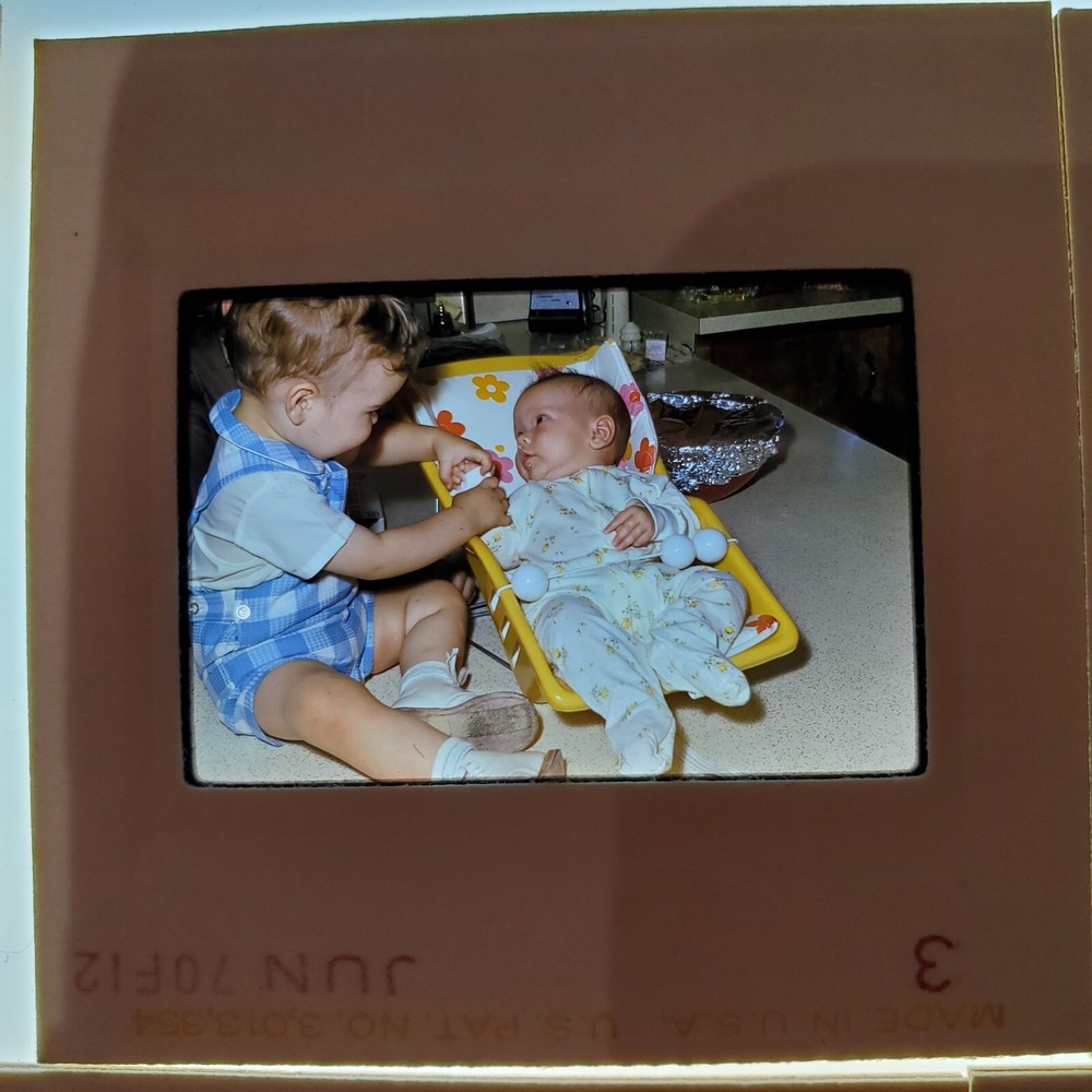 Vintage 70's Photo Slides Toddler Boy with Baby Playing Baby Bouncer Seat