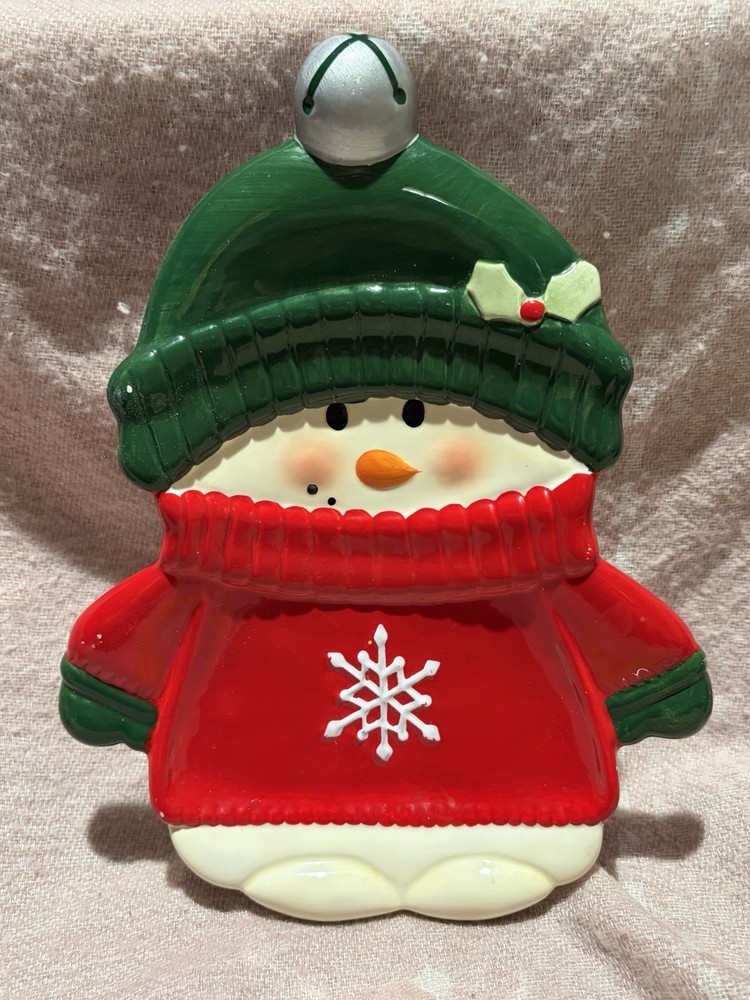 Hallmark Ceramic Snowman Candy Dish Red Sweater Green Hat Christmas Treat Bowl