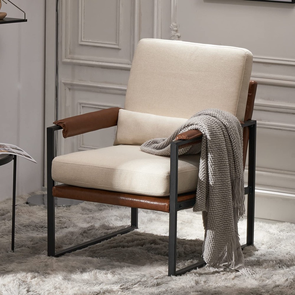 Mid-Century Linen Fabric Accent Armchair with Metal Legs and Thick Padding