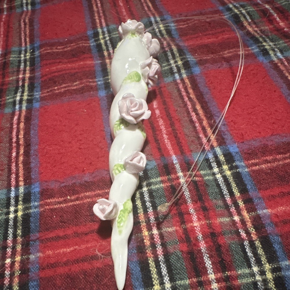 Porcelain Twisted Rose Floral Ornaments Set of 2 White Pink Green Glossy