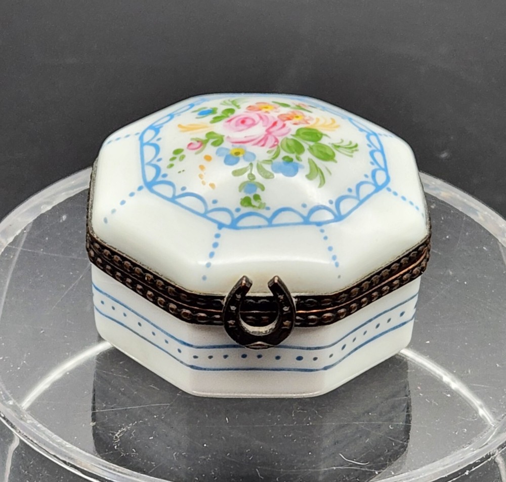 Vintage Limoges France Octagon Shaped Trinket Box Porcelain Hand Painted Flowers