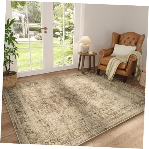 3x5 Washable Area Rug Brown Vintage Neutral Non Slip Low Pile Traditional