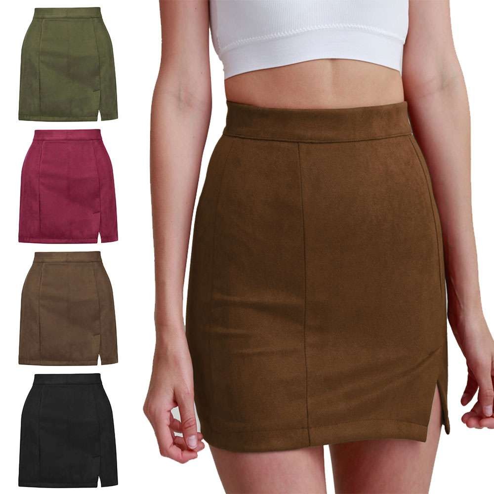 Women's Lady Soft Suede Leather Side Split Bodycon Short Skirt Dress Clubwear