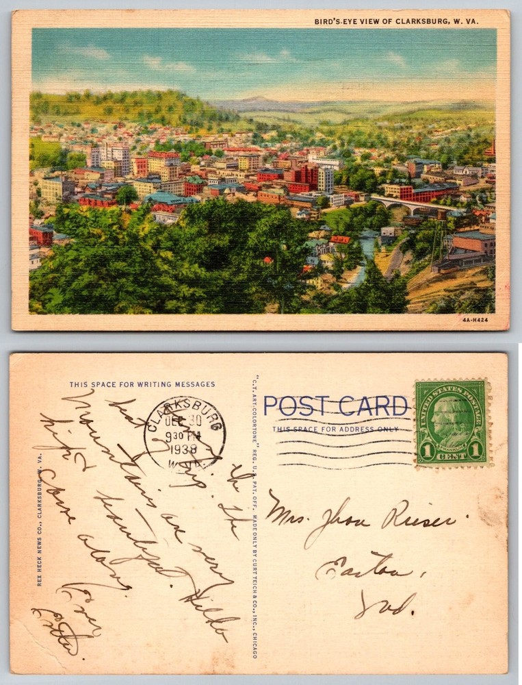 Bird's-Eye View Clarksburg WV West Virginia 1938 Linen Postcard Curt Teich