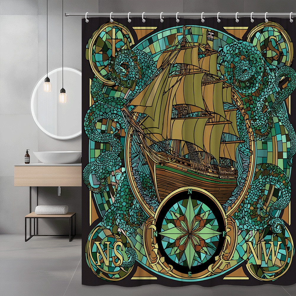 Octopus Ship Compass Shower Curtain Nautical Graphic Print