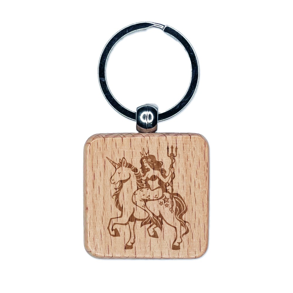 Mystical Mermaid Riding Unicorn Engraved Wood Square Keychain Tag Charm