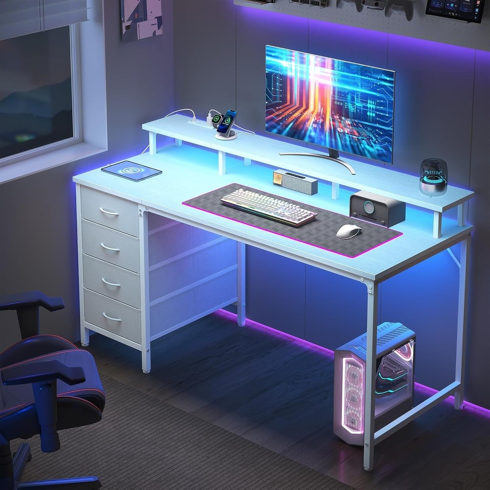48 inch Computer Desk with Drawers & Power Outlets, Home Office Desk with LED