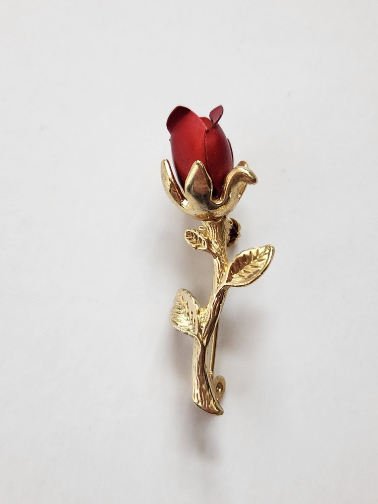 Vintage Enamel Red Rose Bud Gold-Tone Stem Brooch Pin